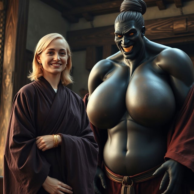 In a medieval room, a very happy 19-year-old blonde woman with medium-length hair adorned with a thick gold bracelet is dressed in a long, closed noble Buddhist robe