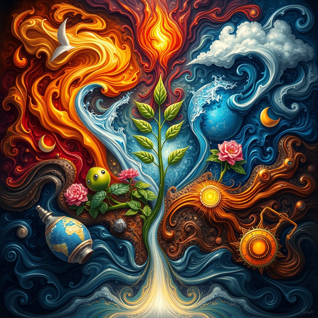 An abstract representation of the elements: fire, air, water, plant, earth, metal, energy, and consciousness