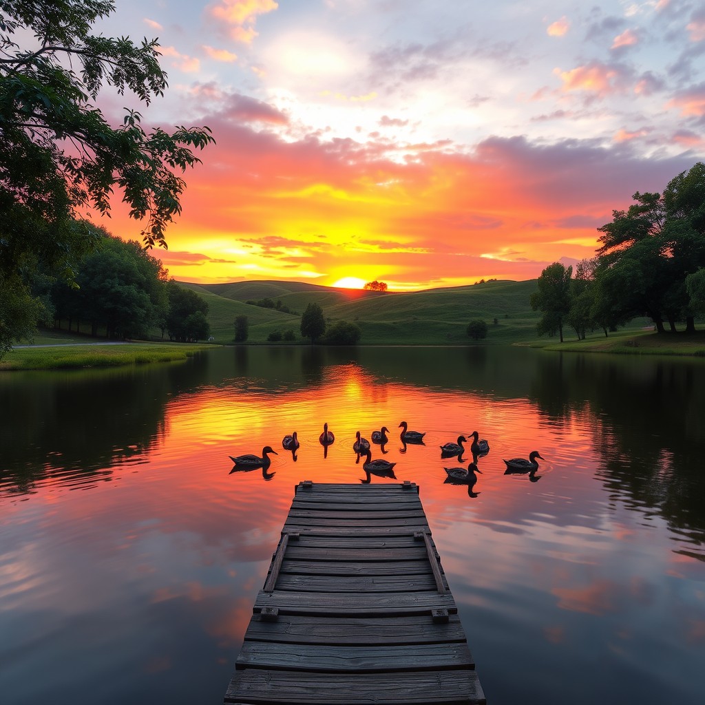 A serene landscape featuring a tranquil lake reflecting the vibrant colors of a sunset, surrounded by lush green trees and soft rolling hills