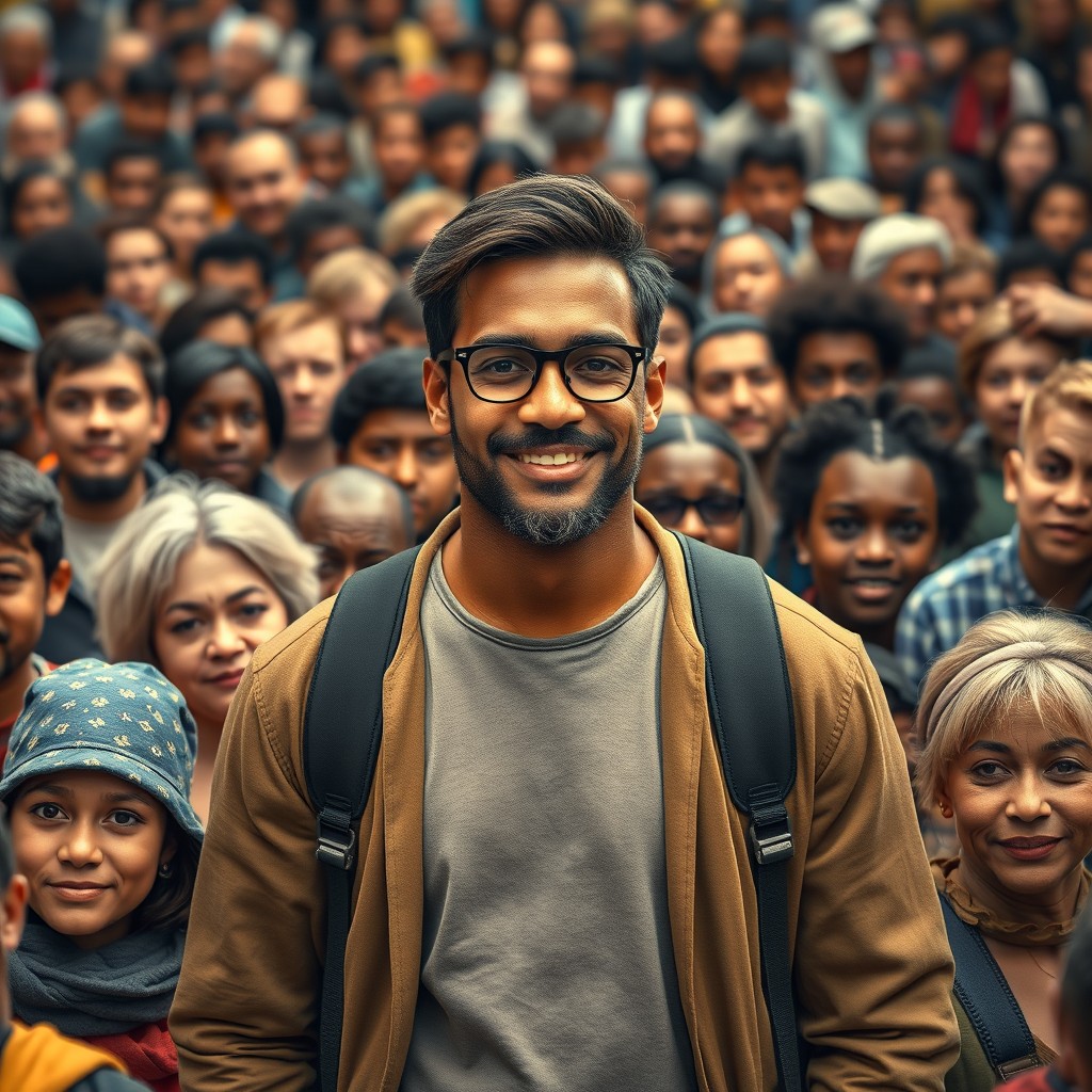 A gripping Marvel-style movie poster composition featuring a warm and relatable man in his 30s of mixed Finnish and African heritage, exuding kindness as he stands confidently in the midst of a sea of diverse, middle-class individuals