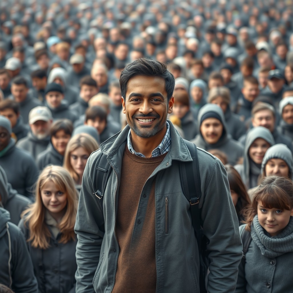 A striking Marvel-style movie poster featuring a kind and relatable man in his 30s of mixed Finnish and African descent, standing out as the focal point amidst a sea of individuals dressed in typical middle-class grey clothing