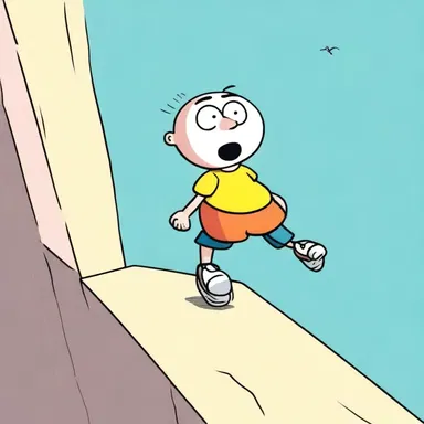 The cartoon character's knees wobbled as he stood on a high ledge, afraid of heights.