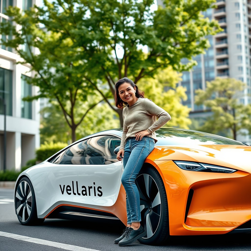A person standing next to a sleek electric car, prominently displaying the brand name Vellaris