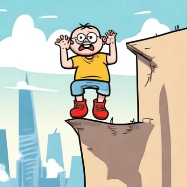The cartoon character's knees wobbled as he stood on a high ledge, afraid of heights.