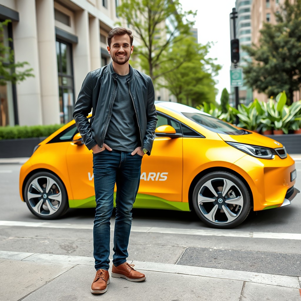 A person standing next to a stylish electric car branded as Vellaris, prominently featuring the Vellaris logo on the side