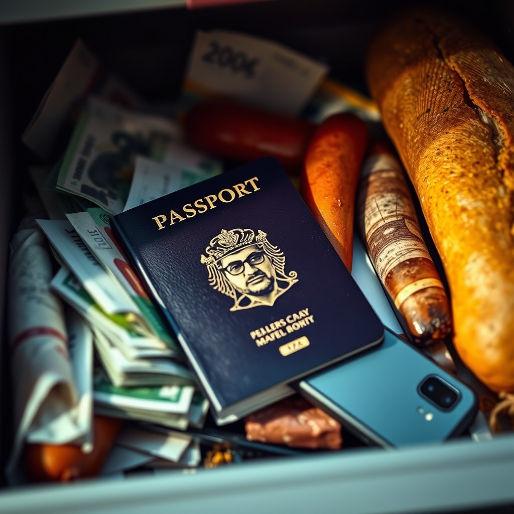 A dramatic close-up of an airport security check box showcasing a diverse assortment of items
