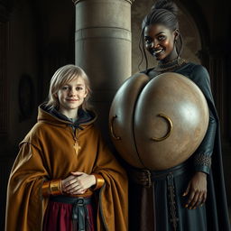 Inside a medieval room beside a pillar, there is a very happy short blonde girl, 19 years old and slightly undernourished, with medium-length hair