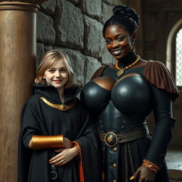 Inside a medieval room beside a pillar, there is a very happy short blonde girl, 19 years old and slightly undernourished, with medium-length hair