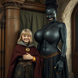 Inside a medieval room beside a pillar, there is a very happy short blonde girl, 19 years old and slightly undernourished, with medium-length hair