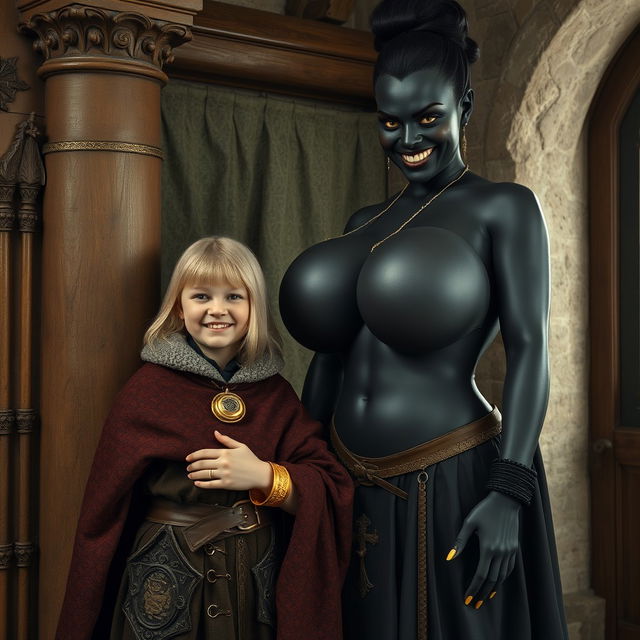 Inside a medieval room beside a pillar, there is a very happy short blonde girl, 19 years old and slightly undernourished, with medium-length hair