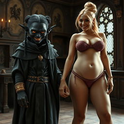 In a medieval room, a wicked young woman aged 22, with malnourished and pitch-black skin, stands ominously