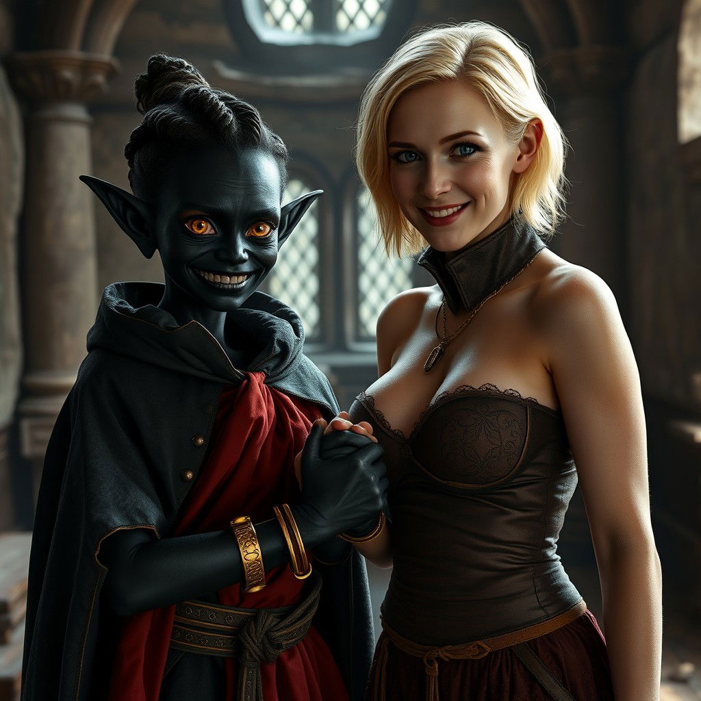 In a medieval room, a young malevolent black woman, malnourished and 22 years old, with completely black skin, stands out
