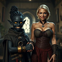 In a medieval room, a young malevolent black woman, malnourished and 22 years old, with completely black skin, stands out