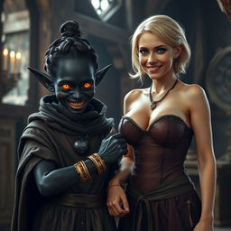 In a medieval room, a young malevolent black woman, malnourished and 22 years old, with completely black skin, stands out