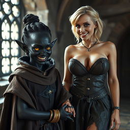 In a medieval room, a young malevolent black woman, malnourished and 22 years old, with completely black skin, stands out