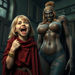 In a haunted room, a very happy, malnourished 19-year-old blonde girl with medium-length hair, wearing a thick gold bracelet and bright blue eyes, is wide-mouthed and joyfully screaming, expressing a mix of desperation and excitement with her brows furrowed