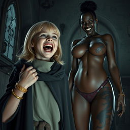 In a haunted room, a very happy, malnourished 19-year-old blonde girl with medium-length hair, wearing a thick gold bracelet and bright blue eyes, is wide-mouthed, screaming with a mix of joy and desperation, her brows furrowed