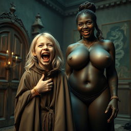 In a haunted room, a very happy, malnourished 19-year-old blonde girl with medium-length hair, wearing a thick gold bracelet and bright blue eyes, is wide-mouthed, screaming with a mix of joy and desperation, her brows furrowed