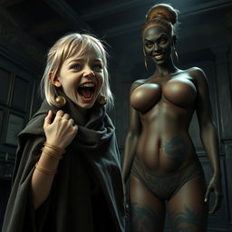 In a haunted room, a very happy, malnourished 19-year-old blonde girl with medium-length hair, wearing a thick gold bracelet and bright blue eyes, is wide-mouthed, screaming with a mix of joy and desperation, her brows furrowed