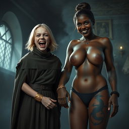 In a haunted room, a very happy, malnourished 19-year-old blonde girl with medium-length hair, wearing a thick gold bracelet and bright blue eyes, is wide-mouthed, screaming with a mix of joy and desperation, her brows furrowed deeply