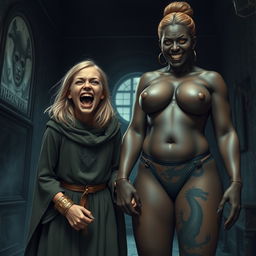 In a haunted room, a very happy, malnourished 19-year-old blonde girl with medium-length hair, wearing a thick gold bracelet and bright blue eyes, is wide-mouthed, screaming with a mix of joy and desperation, her brows furrowed deeply