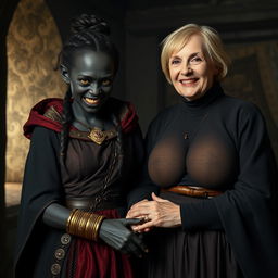 In a shadowy medieval room, a wicked young woman of 30 years, featuring malnourished, entirely black skin and being of shorter stature, stands out