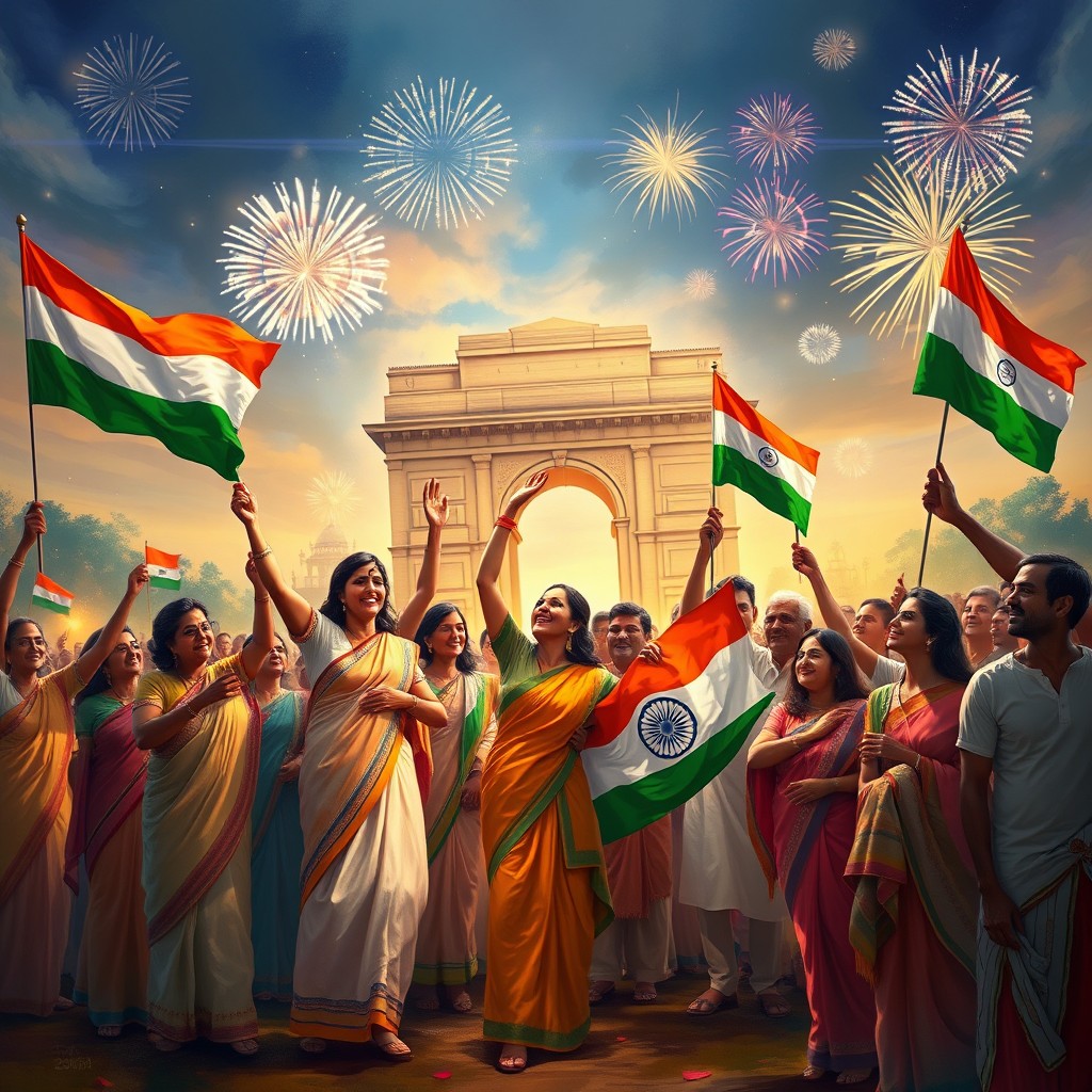 A vibrant digital painting celebrating the Independence of India, showcasing a captivating scene of a diverse group of Indian citizens in traditional attire, joyfully celebrating with flags, fireworks lighting up the sky, and historical landmarks like the India Gate in the background