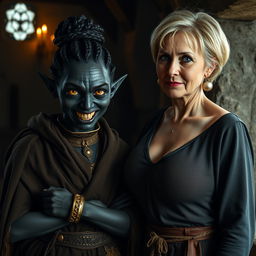 In a dimly lit medieval room, a wicked young woman of 30 years stands, characterized by her malnourished and entirely black skin, low stature, and a bun of braided hair