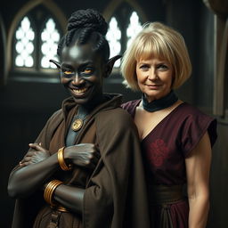 In a dimly lit medieval room, a wicked young woman of 30 years stands, characterized by her malnourished and entirely black skin, low stature, and a bun of braided hair