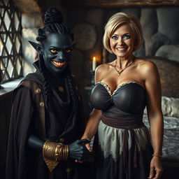 Next to a medieval bed in a dimly lit medieval room, a wicked young woman of 30 years stands out, characterized by her malnourished and entirely black skin and low stature