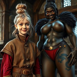 In a medieval room, a cheerful, malnourished young blonde woman, 19 years old and very short, has medium-length hair