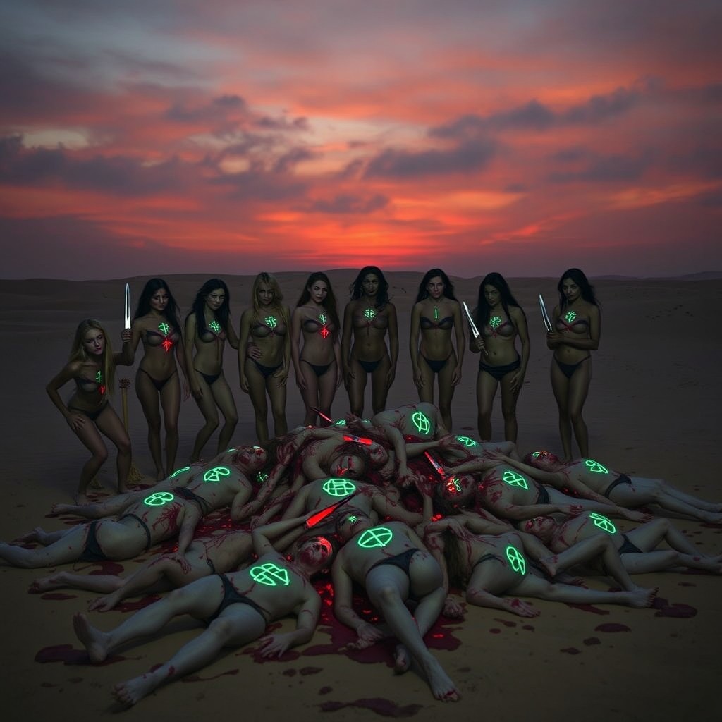 In a desolate desert landscape under a haunting twilight sky, a grim scene unfolds