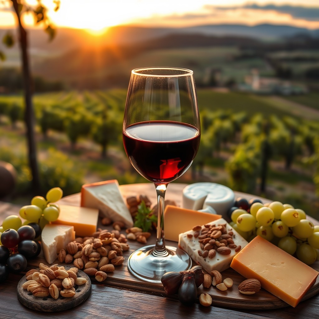 A beautifully arranged wine scene featuring an elegant glass of red wine with deep ruby color, reflecting the light softly, set on a wooden table