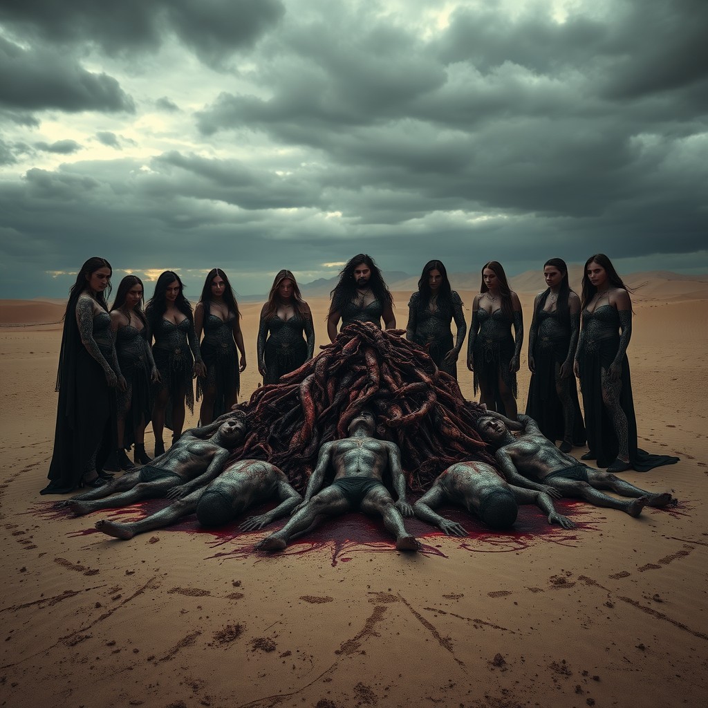 In a barren desert landscape beneath an ominous sky, a haunting scene captures a pile of corpses soaked in blood at the center
