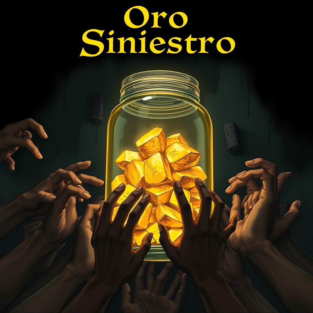 A dark anime style cover titled 'Oro Siniestro', featuring a glass jar filled with large gold nuggets that emit a mesmerizing yellow glow