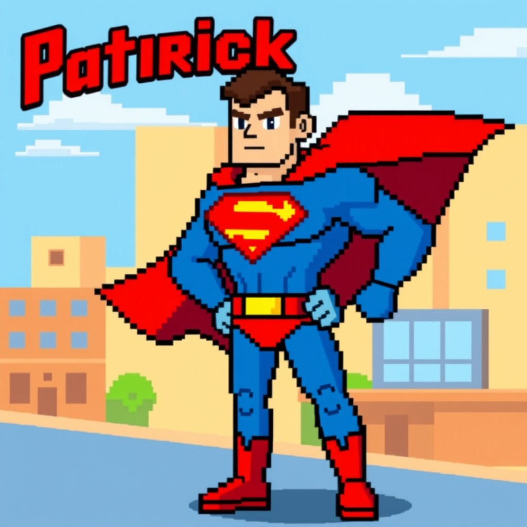 A pixelated superhero character named Patrick, inspired by Superman, featuring a bright blue and red costume with a large stylized 'P' emblem on the chest