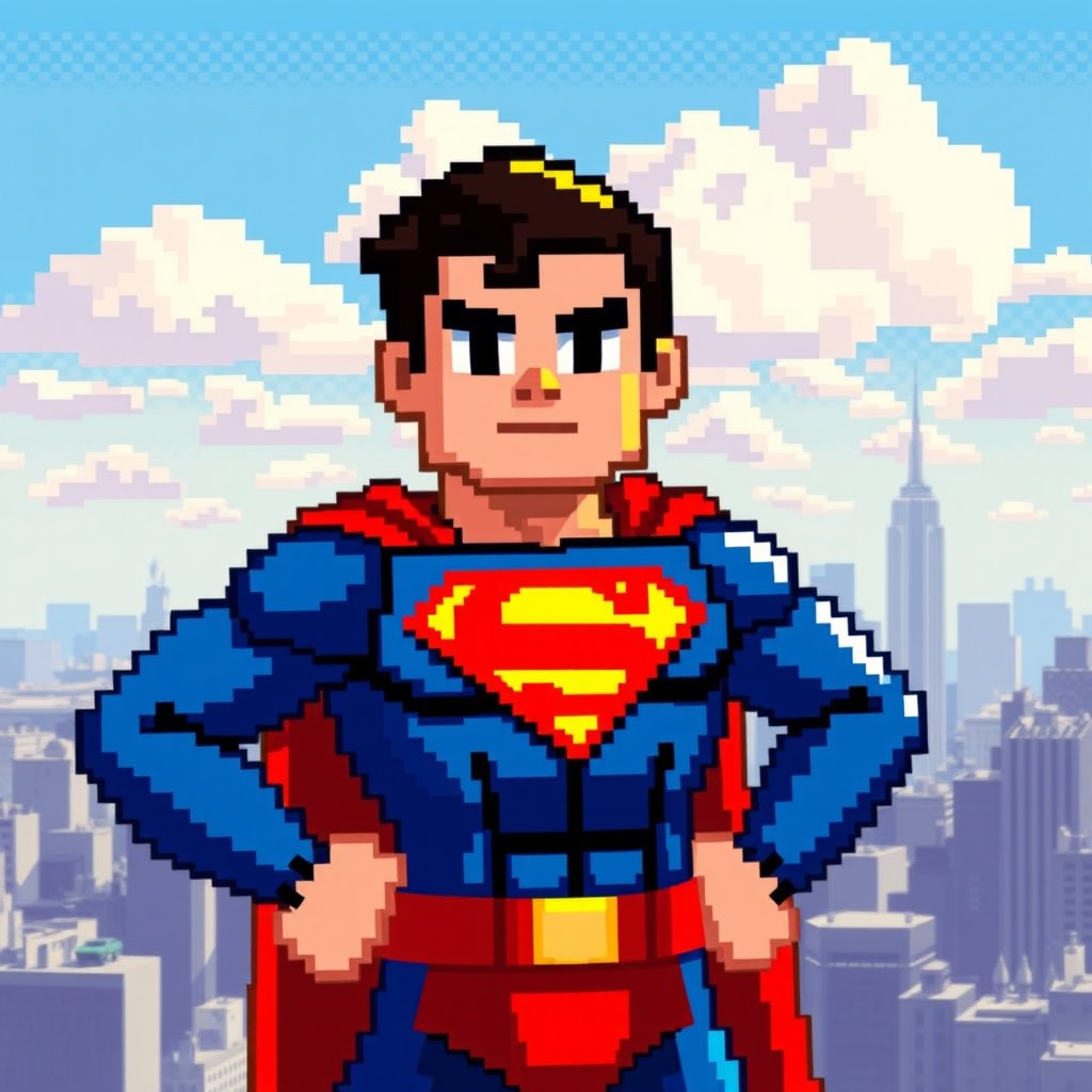 A colorful pixel art depiction of a superman figure, showcasing classic superhero attributes like a bright red cape, blue suit with a large emblem on the chest, and a confident pose