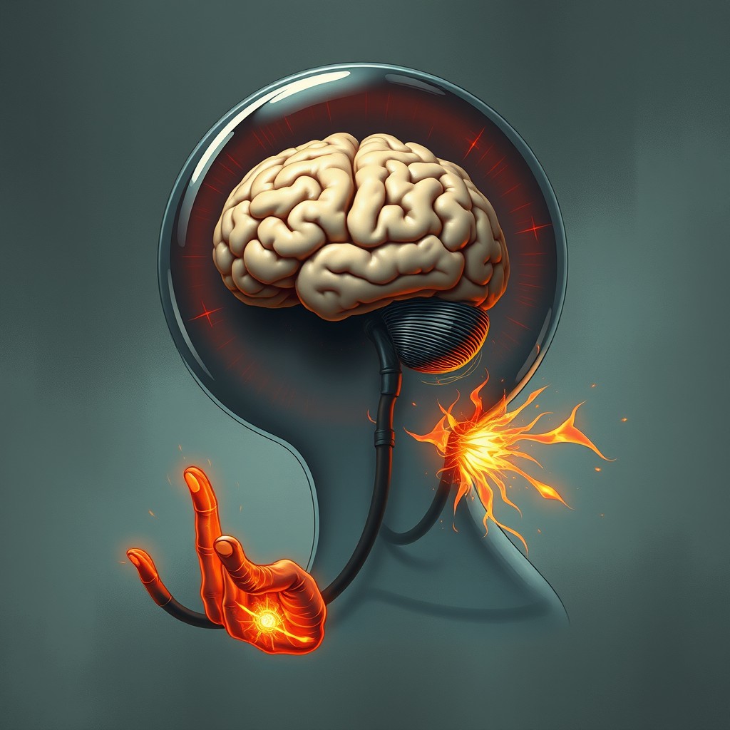 A detailed and artistic illustration of a human brain floating inside a transparent head, showcasing a serene and calm brain, devoid of any signs of pain