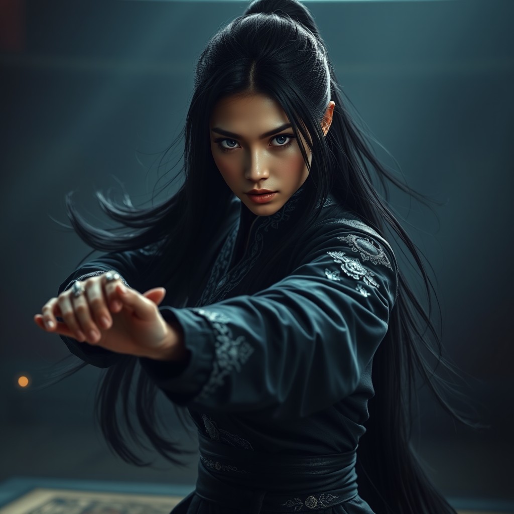 A mysterious and enigmatic Shadar-kai female monk fighter, showcasing her sleek and agile physique