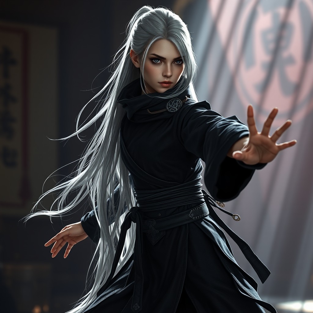 An enigmatic Shadar-kai monk fighter, showcasing her athletic and graceful physique