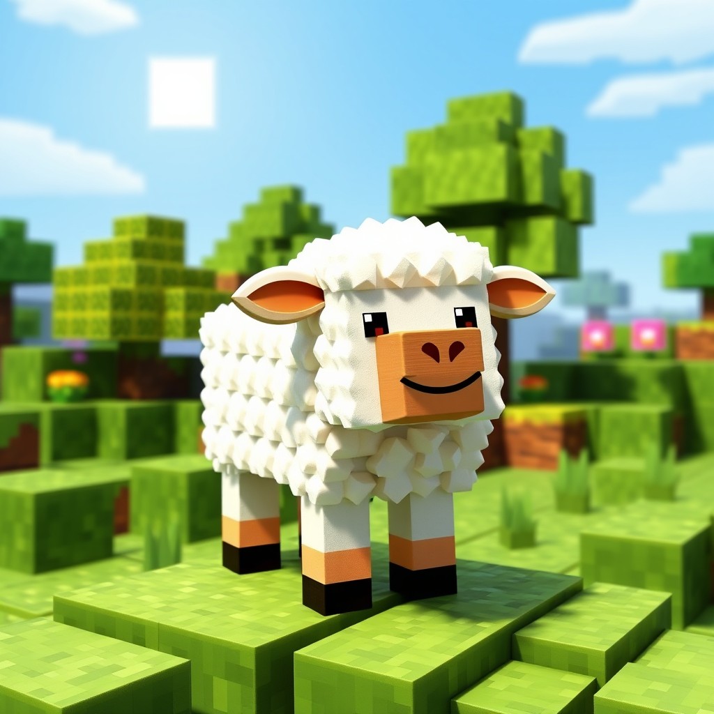 A cute Minecraft sheep standing in a colorful blocky landscape
