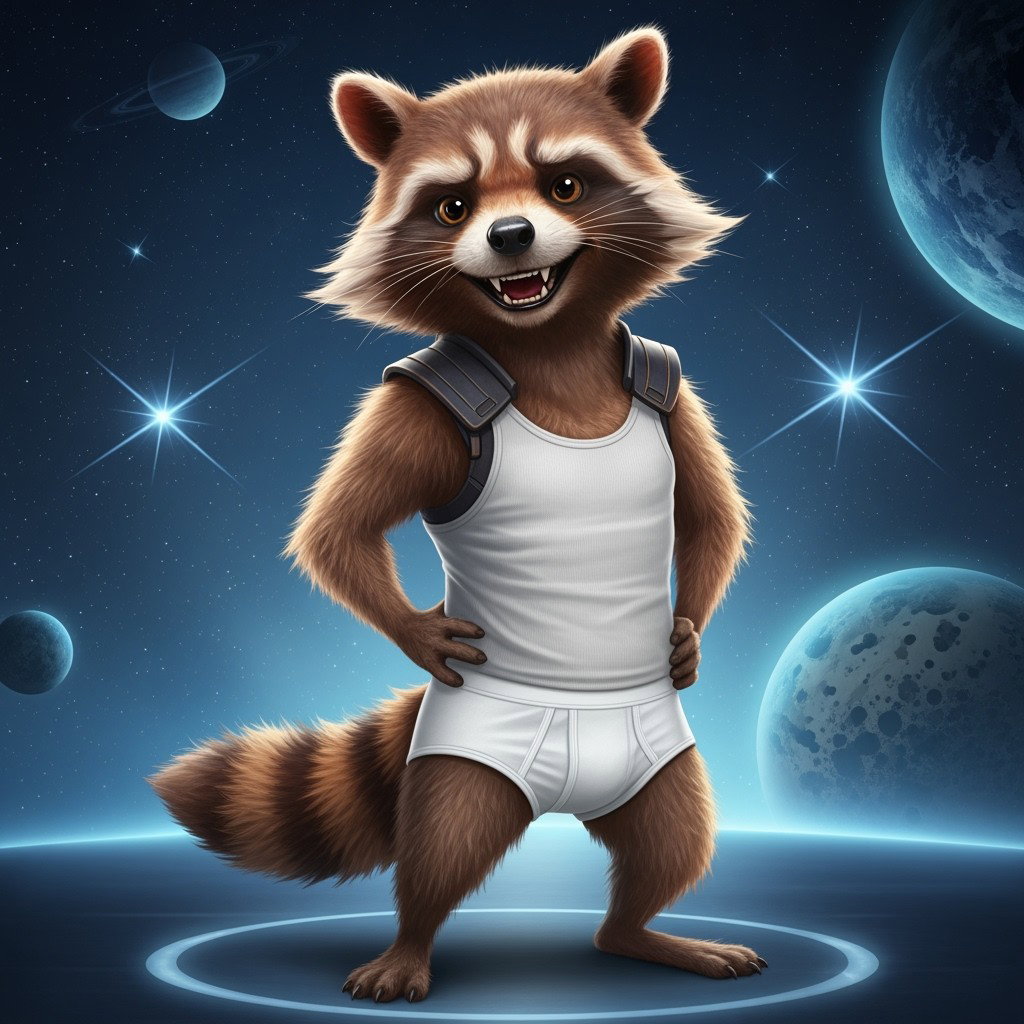 A playful Rocket Raccoon character, depicted with his signature bushy tail and mischievous grin, wearing a snug white tank top and matching white underwear