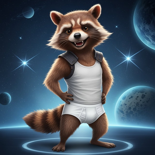A playful Rocket Raccoon character, depicted with his signature bushy tail and mischievous grin, wearing a snug white tank top and matching white underwear