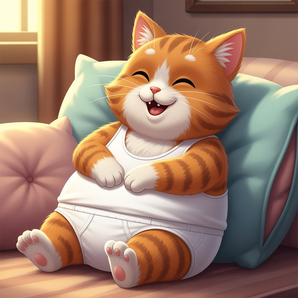 A whimsical scene featuring the character Smiling Critters Catnap, a cute and chubby cartoon cat with a joyful expression, dressed in a snug white tank top and white underwear