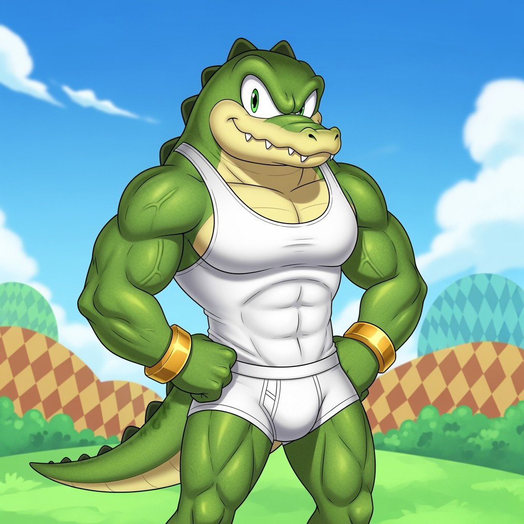 Vector the Crocodile from the Sonic the Hedgehog universe, portrayed as a strong and charismatic green crocodile, wearing a snug white tank top and white underwear