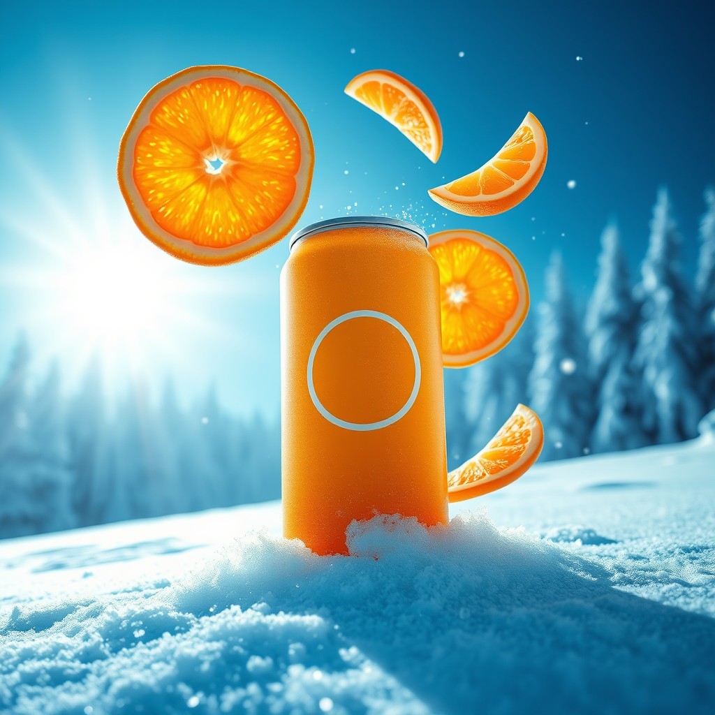 A vibrant and high-impact advertisement featuring a canned orange juice drink in a surreal, icy winter landscape