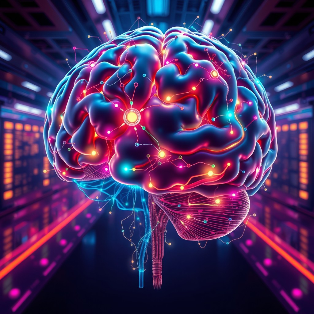 A highly detailed and colorful illustration of a futuristic brain interface, symbolizing advanced intelligence and neurotechnology
