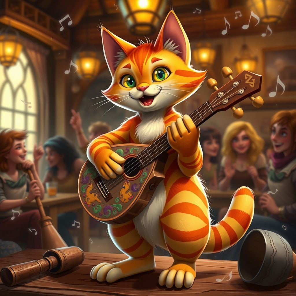 Introducing Thomas, the Cat Bard, a charismatic feline character with bright, expressive eyes and a joyful demeanor