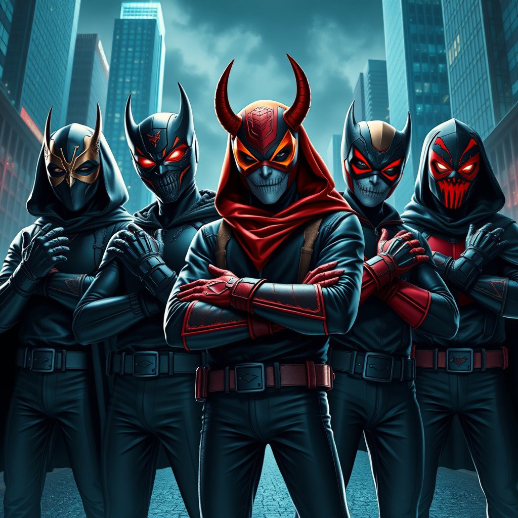 An exhilarating image depicting a group of young supervillains, each wearing distinctive masks and gloves that reflect their unique powers and personalities