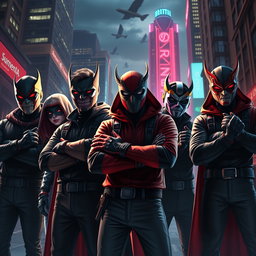 An exhilarating image depicting a group of young supervillains, each wearing distinctive masks and gloves that reflect their unique powers and personalities